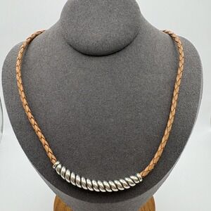 AW Sterling Silver 925 Leather Necklace 16in Spiral Tube 10g Tan Braided